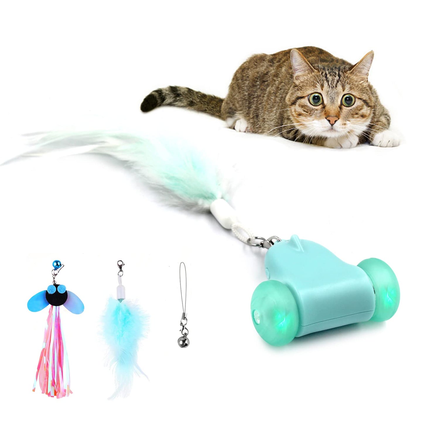 Juguetes Interactivos Ratón para Gatos en Interiores,Juguete Automático de Ratones para Gatos con Luces LED Intermitentes,USB Recargable Inteligente Ratones Juguetes con campanas, plumas y cintas