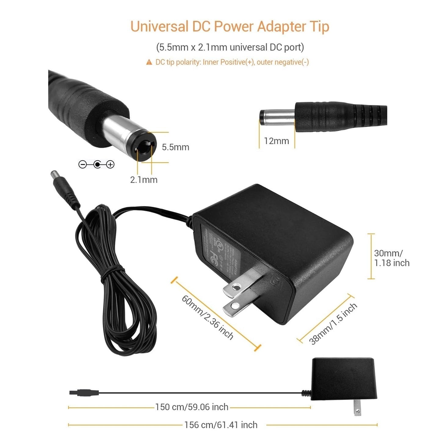 TIGERSECU Adaptador de Corriente AC/DC para cámara de Seguridad con certificación UL, Fuente de alimentación de 12 V 1 A 100 V-240 V 2,1 x 5,5 mm (Paquete de 2)