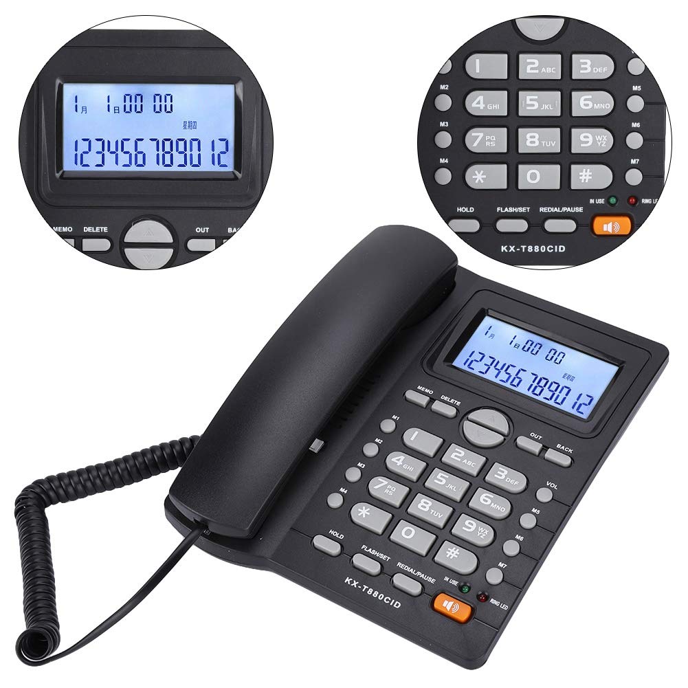 Teléfono Fijo, teléfono de Escritorio con identificador de Llamadas, teléfono con de extensión de Doble Puerto, Cable con Cable y Altavoz (Negro)