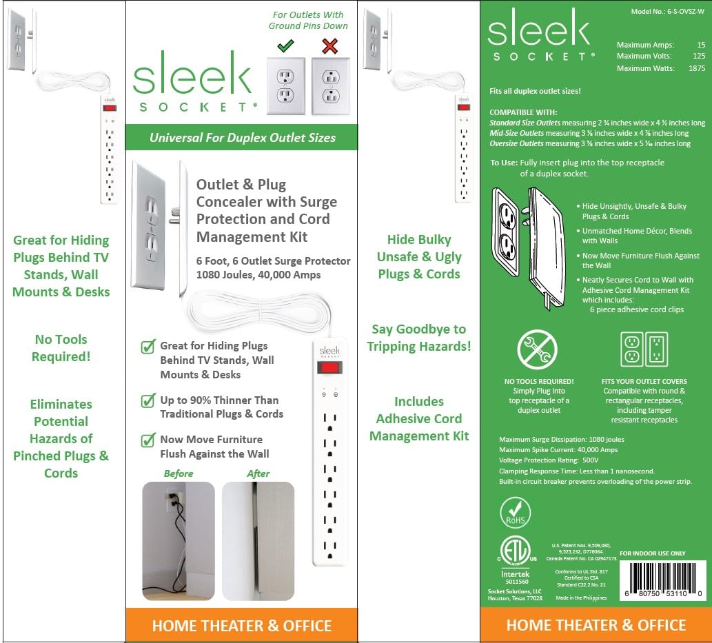 Cubierta de Toma de Corriente Sleek Socket Blanca ultra Fina con 3 Tomas