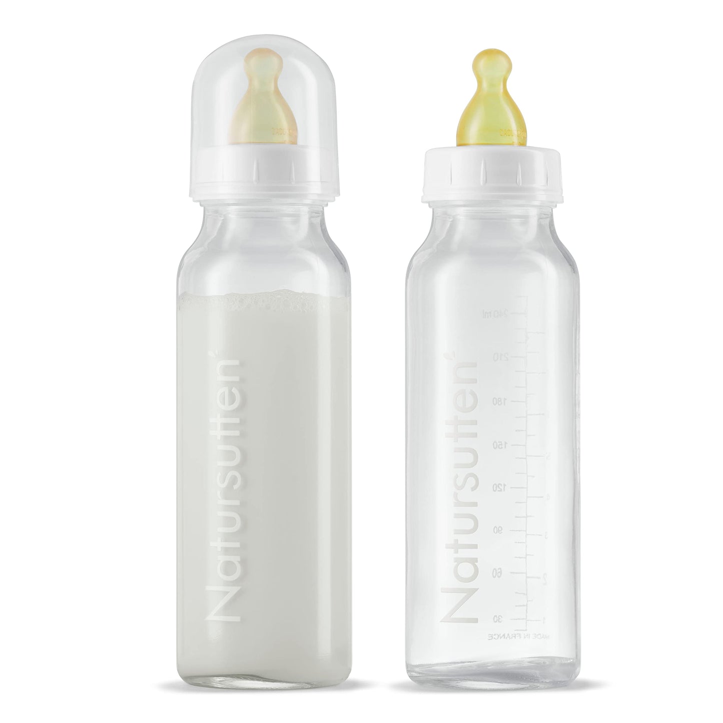 Natursutten - Biberones de cristal anticólicos de 8 onzas con pezones de goma natural y látex de flujo lento, 2 unidades. Cristal de borosilicato fabricado en Francia. Caucho natural fabricado en Italia.