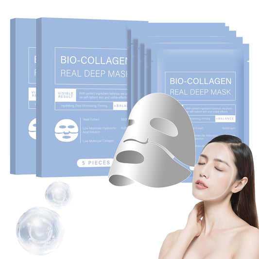 Mascarilla Bio Colágeno, Mascarilla de Colágeno, Minimiza los Poros Mejora la Elasticidad, Mascarillas Faciales para Reafirmación del Rostro en Mujeres y Adolescentes (2 Cajas - 10 Piezas)