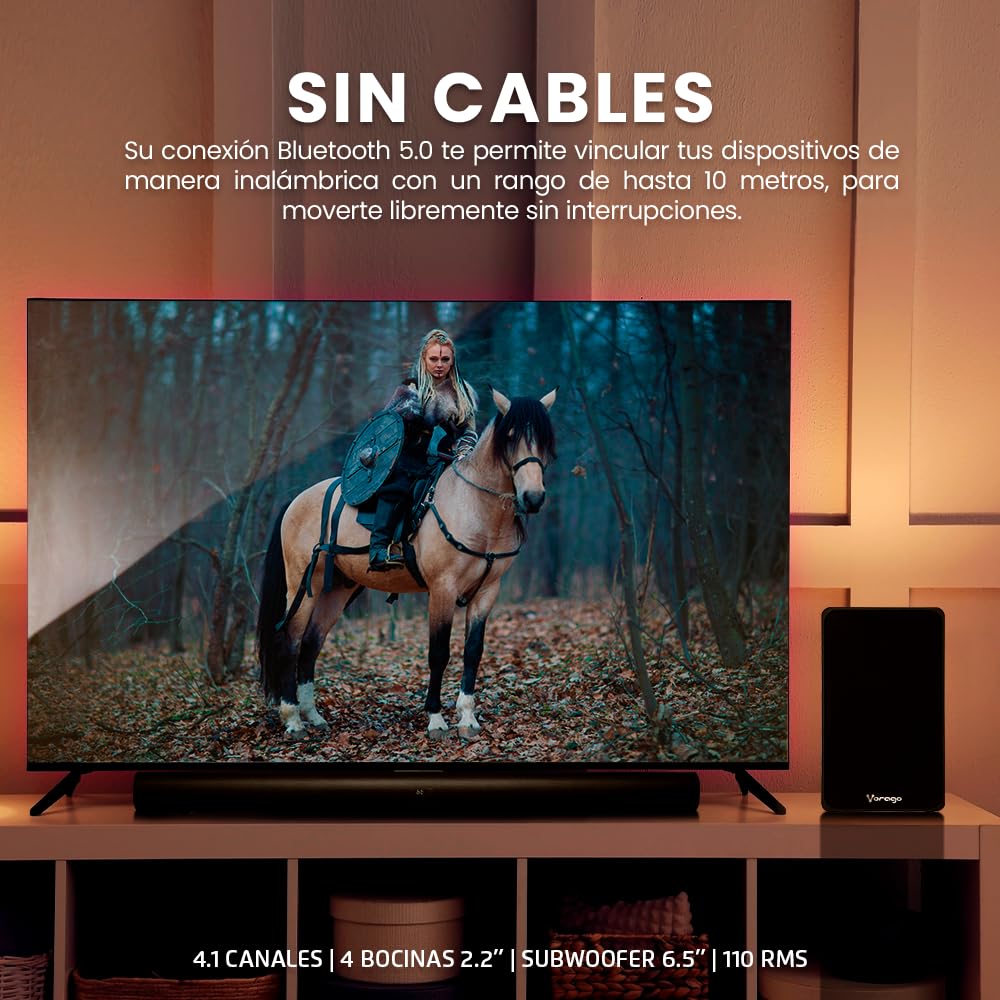 Barra de Sonido Vorago Inalámbrica con Subwoofer 4.1 Bluetooth HDMI ARC 110W Home Theater