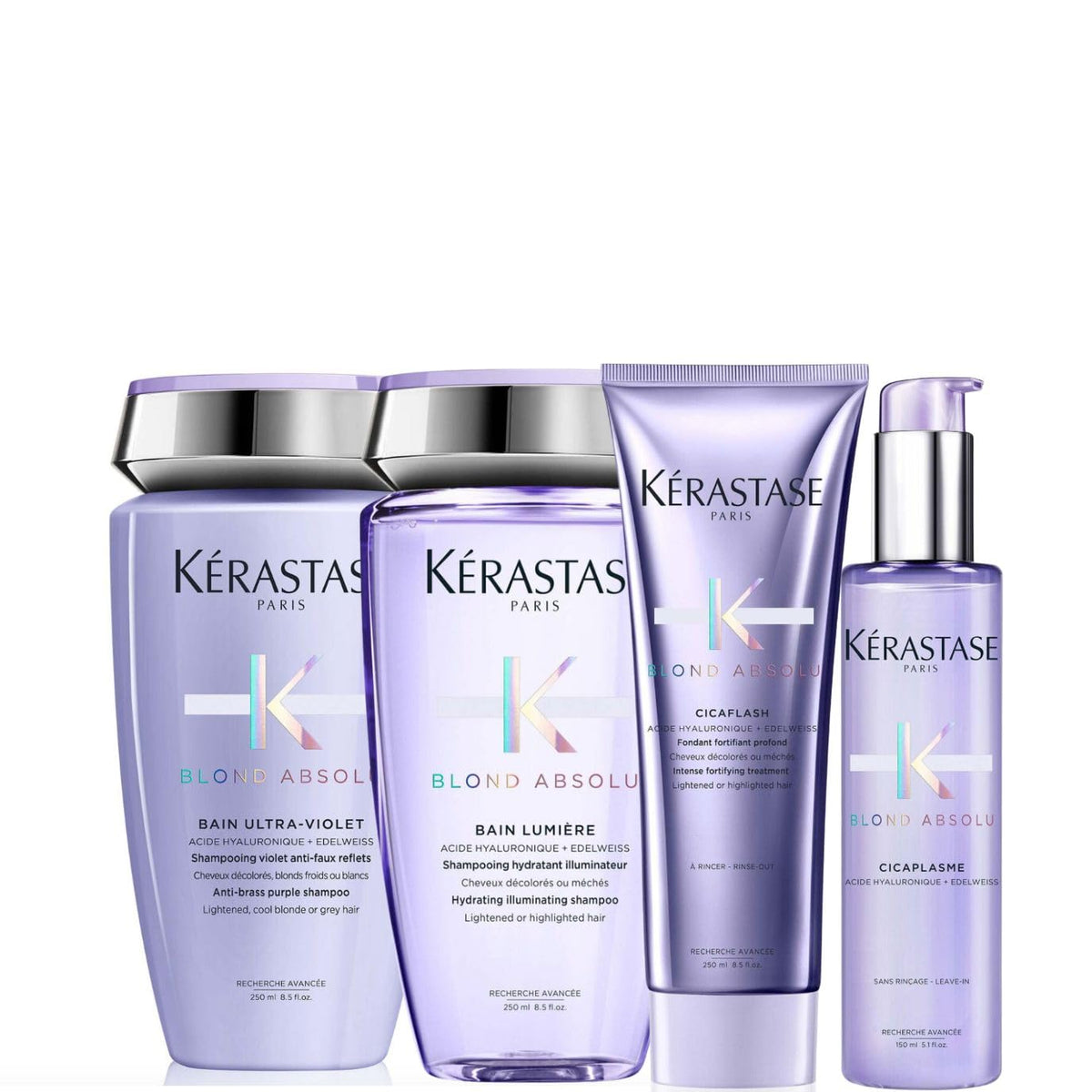 KERASTASE Blond Absolu Kit Cabello Rubio | Shampoo Matizador Ultra-Violet 250 ml + Shampoo Bain Lumière 250 ml + Acondicionador Cicaflash 200 ml + Termoprotector Cicaplasme 150 ml | Hidratación, Reparación y Protección del Tono Rubio