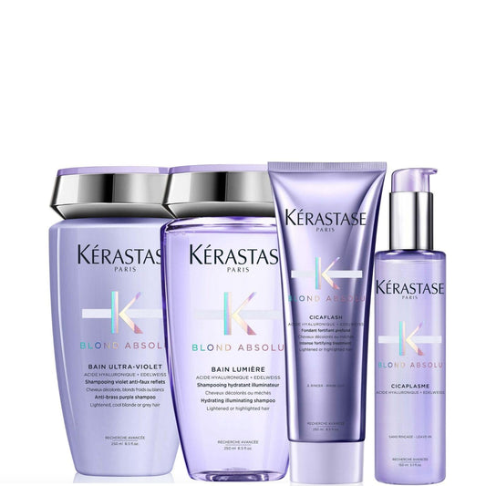KERASTASE Blond Absolu Kit Cabello Rubio | Shampoo Matizador Ultra-Violet 250 ml + Shampoo Bain Lumière 250 ml + Acondicionador Cicaflash 200 ml + Termoprotector Cicaplasme 150 ml | Hidratación, Reparación y Protección del Tono Rubio