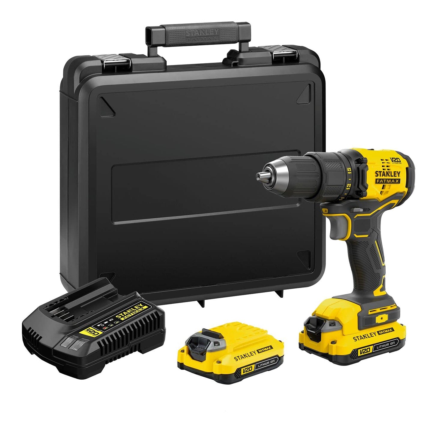 STANLEY Taladro Atornillador Inalámbrico 1/2" (13mm), 20V, Incluye 2 Baterías, Cargador y Caja para Herramientas, SBD710C2K