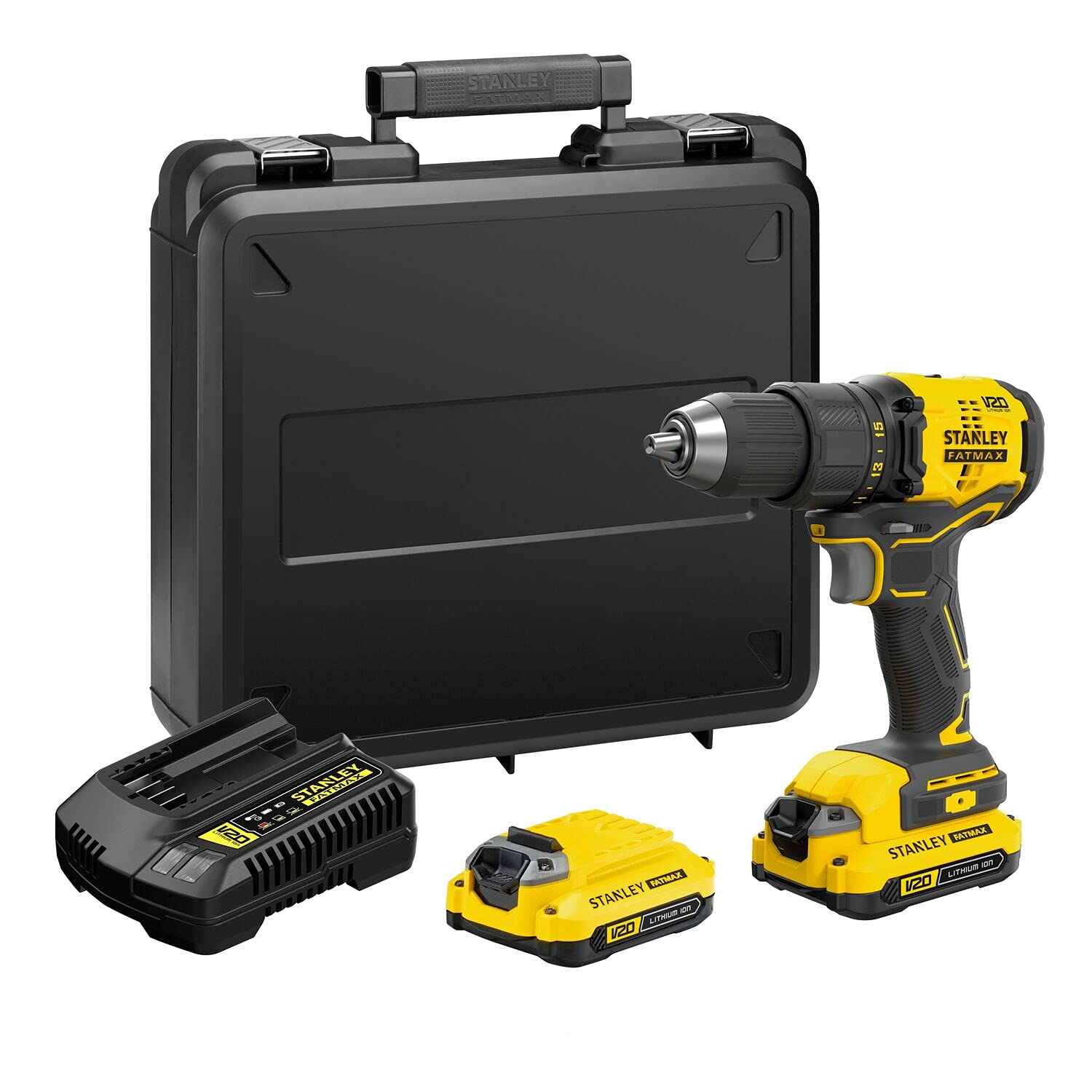 STANLEY Taladro Atornillador Inalámbrico 1/2" (13mm), 20V, Incluye 2 Baterías, Cargador y Caja para Herramientas, SBD710C2K