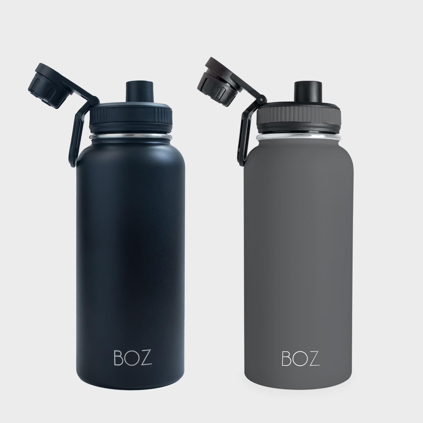 BOZ - Paquete de 2 botellas de agua de acero inoxidable, botella de agua gris + botella de agua negra, botellas de agua aisladas al aspiradora, 32 onzas, botellas de agua deportivas sin BPA para