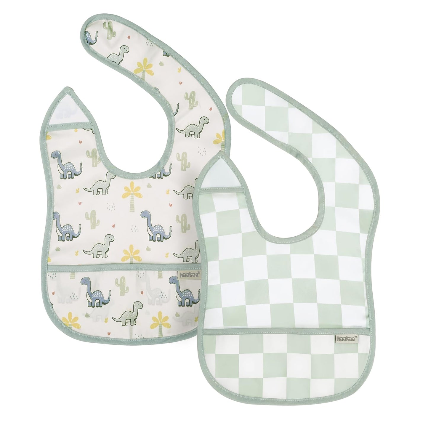 haakaa Baberos a prueba de desorden para comer, ultraligeros e impermeables con bolsillo para alimentos, lavable a máquina, ajuste ajustable para 6 a 24 meses, paquete de 2, Dino Land + días a cuadros