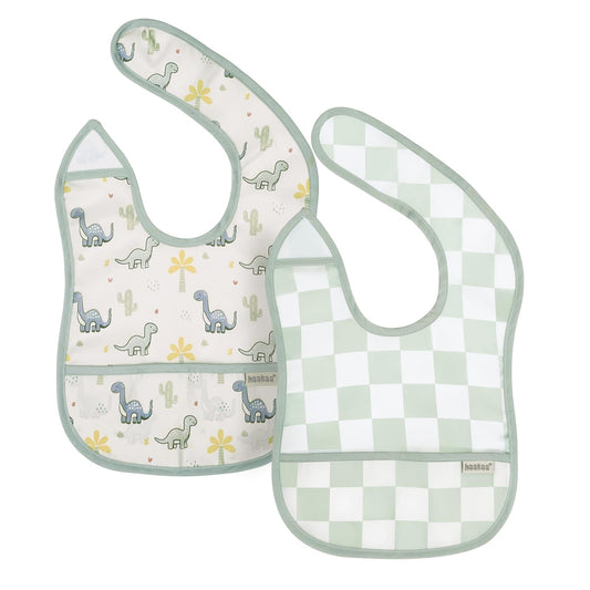Baberos haakaa Dino Land y Días a Cuadros ultraligeros e impermeables con bolsillo para alimentos 6 a 24 Meses 2 Unidades