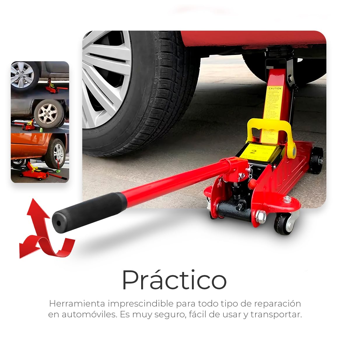 Gato Hidráulico RagaBasics Rojo de Acero Inoxidable con Seguros de Llantas y Agarradera Portátil