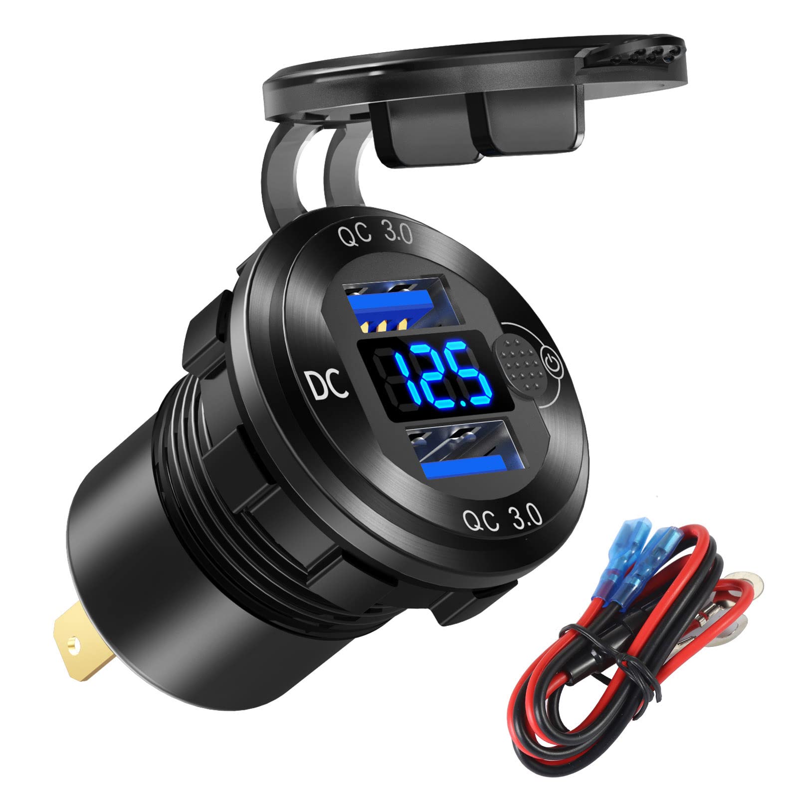 Toma de corriente USB de 12 V/24 V, carga rápida 3.0, enchufe de cargador de coche de doble puerto con voltímetro azul, cargador USB de aluminio impermeable, kit de bricolaje para coche, motocicleta