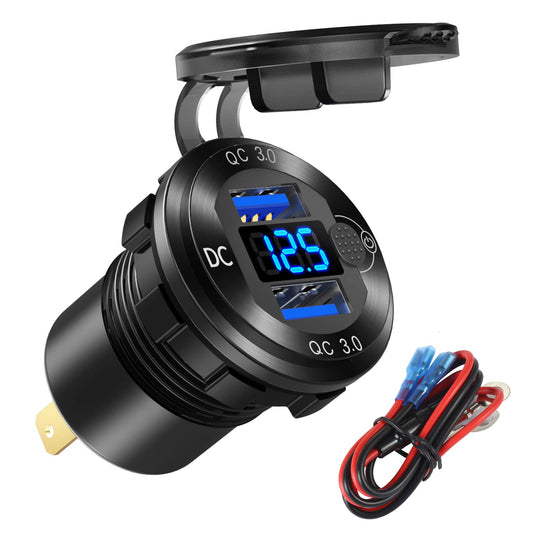 Toma de corriente USB de 12 V/24 V, carga rápida 3.0, enchufe de cargador de coche de doble puerto con voltímetro azul, cargador USB de aluminio impermeable, kit de bricolaje para coche, motocicleta