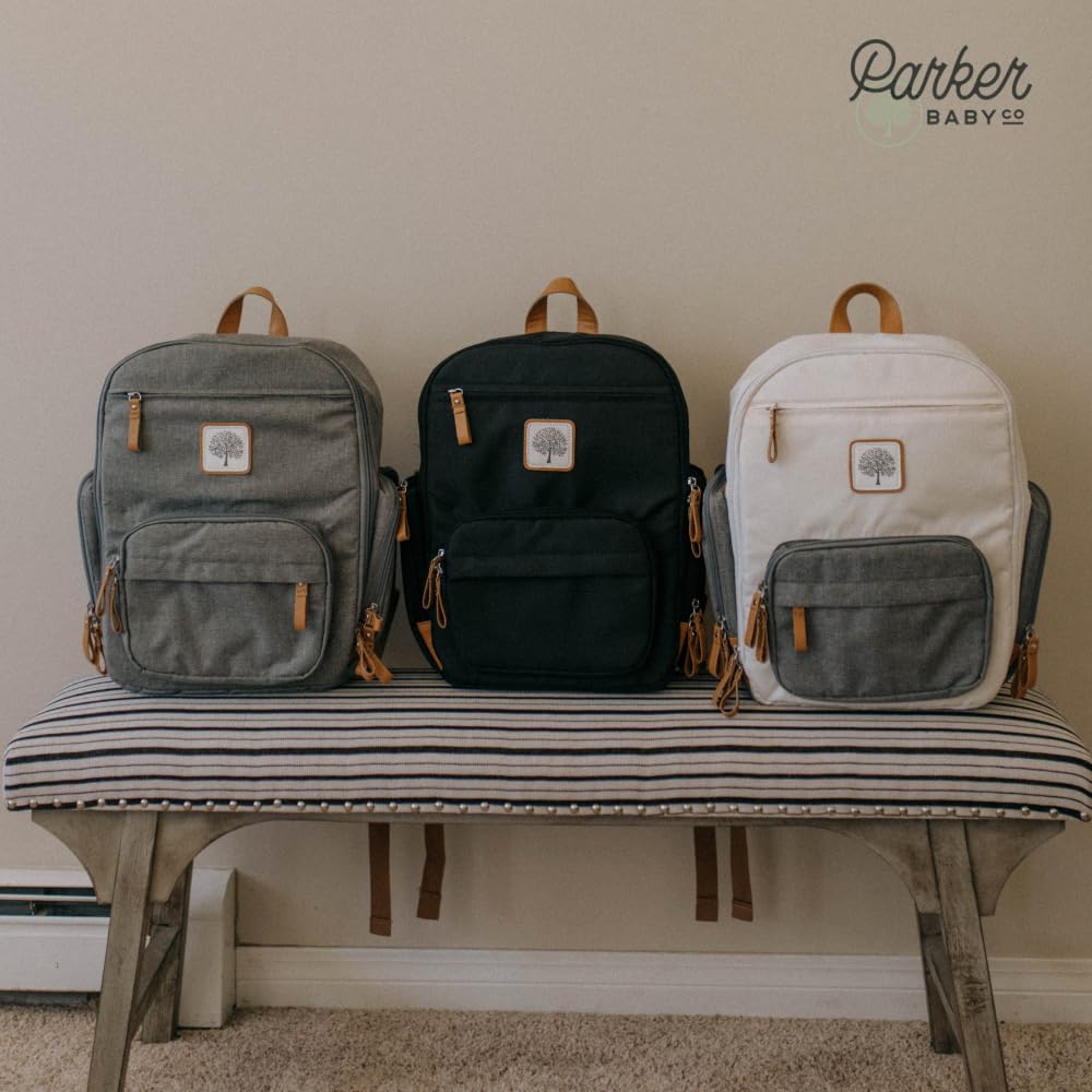 Parker Baby Co. - Mochila Pañalera Unisex Multifuncional con Cierra Completo y Bolsillos Térmicos para Mamá y Papá, Color Gris