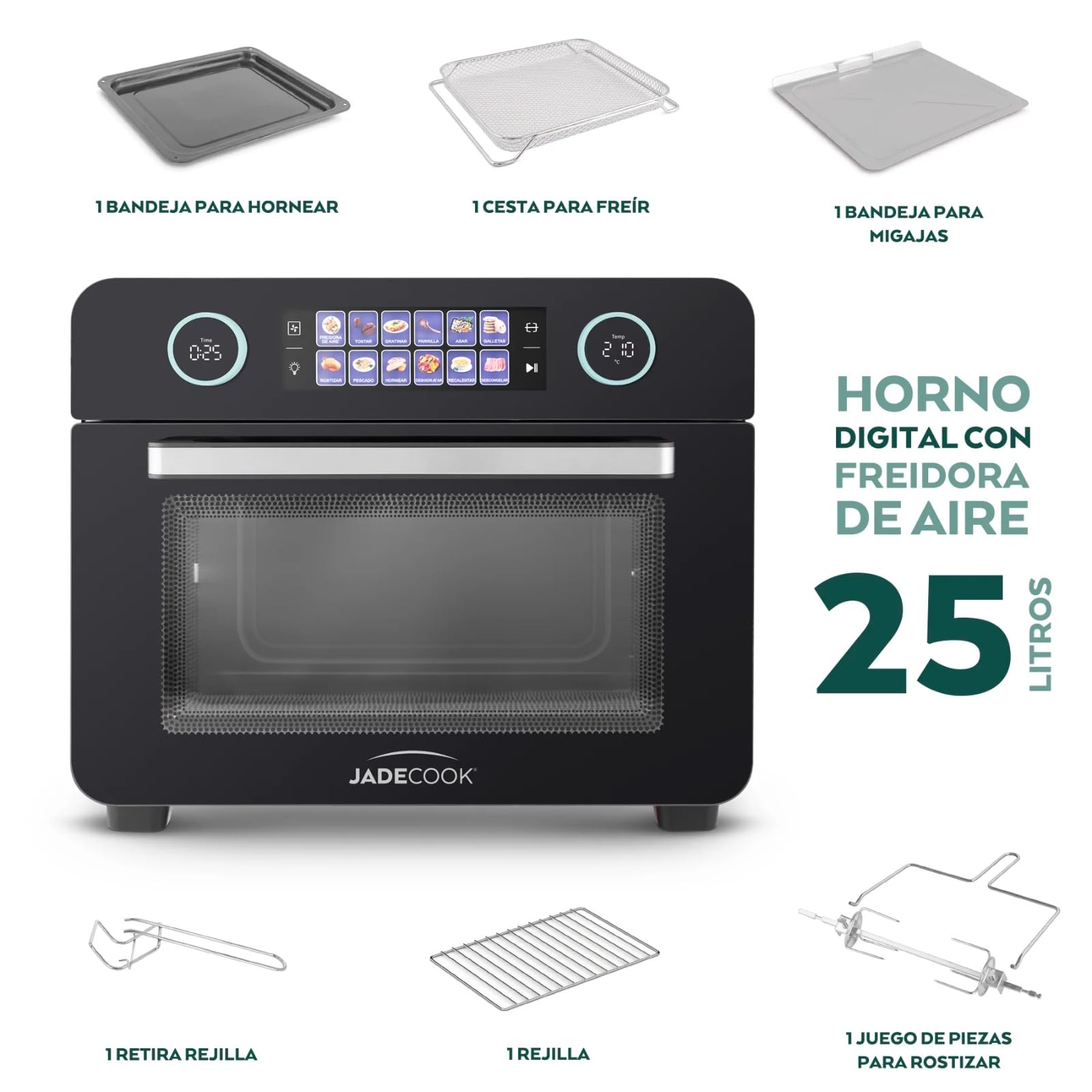 Horno Digital con Freidora de Aire 25L Jade Cook, 6 accesorios y 12 Modos Inteligentes, Parrilla, Hornear, Tostar, Rostizar, Gratinar, Deshidratar, Recalentar, Descongelar, Asar, Galletas, Pescado