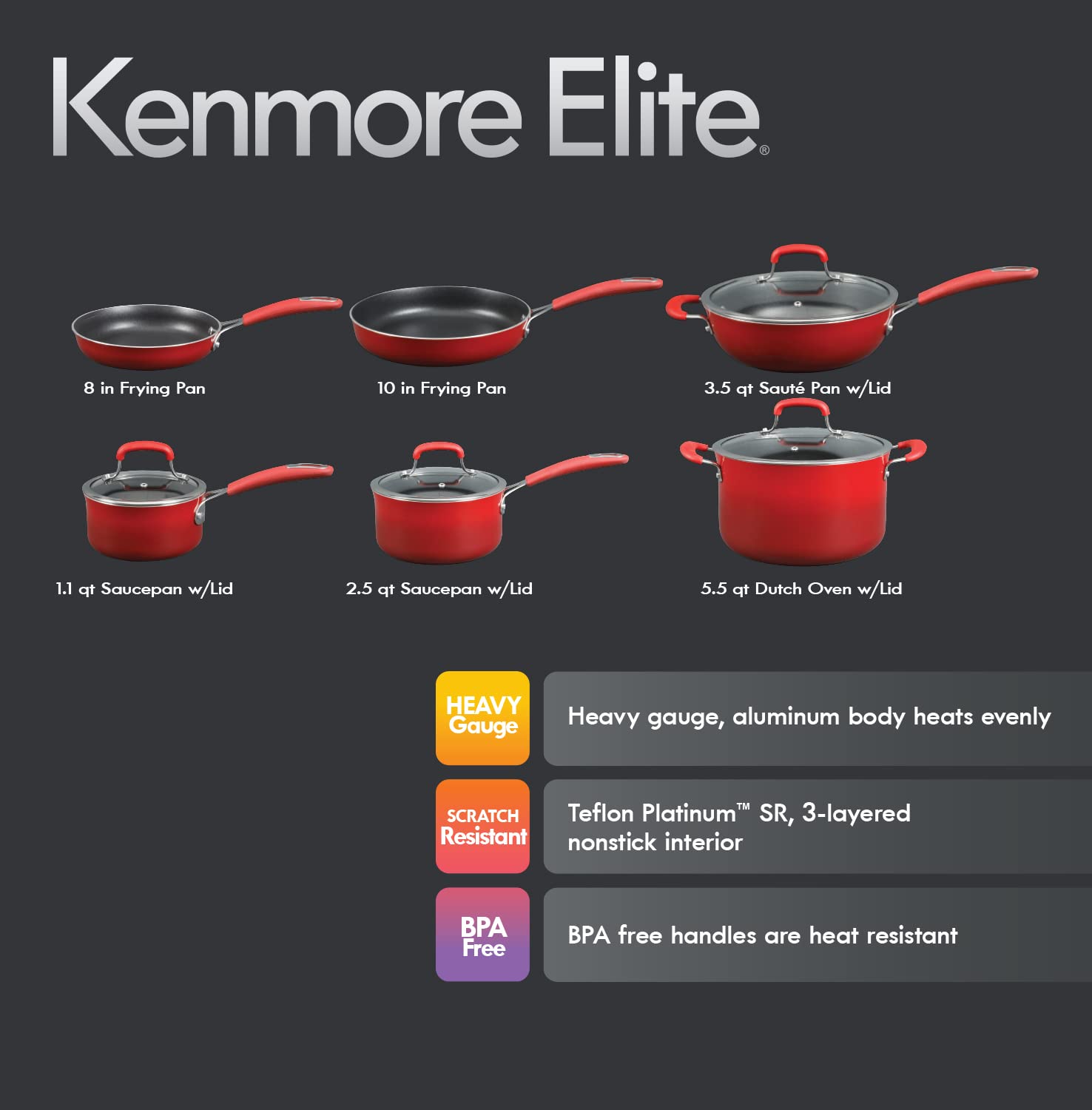 Kenmore Elite Andover Juego de utensilios de cocina de aluminio forjado de platino antiadherente, 10 piezas, color rojo degradado