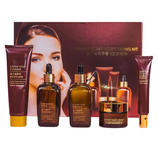 UNIVERSOENLÍNEA.COM Set 5 Piezas Cuidado Facial Caviar Yeast Moisturizing Kit Rutina Facial Coreana Completa Piel Reseca Extracto Caviar Acido Hialuronico Anti Arrugas Lineas de Expresion