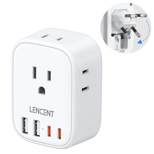 LENCENT Adaptador Europeo, Adaptador de Corriente con 4 Salidas CA, Cargador Europeo con 2 Tipo C y 2 USB, Adaptador Americano a Europeo para Alemania, España, Italia, Francia, Aprobado para Cruceros