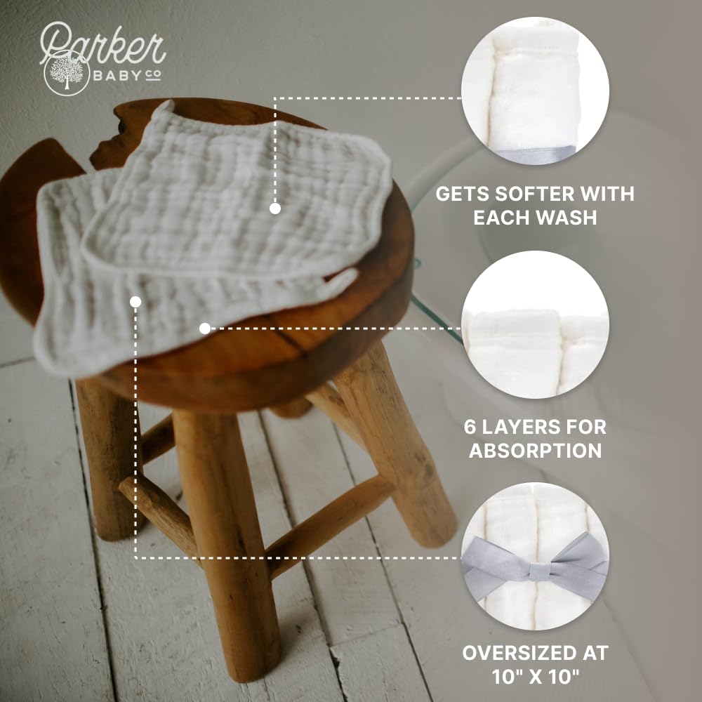 Parker Baby Co. - Juego de 6 Paños de Muselina de Algodón 100% para el baño, Suaves, Absorbentes y Naturales, Color Blanco