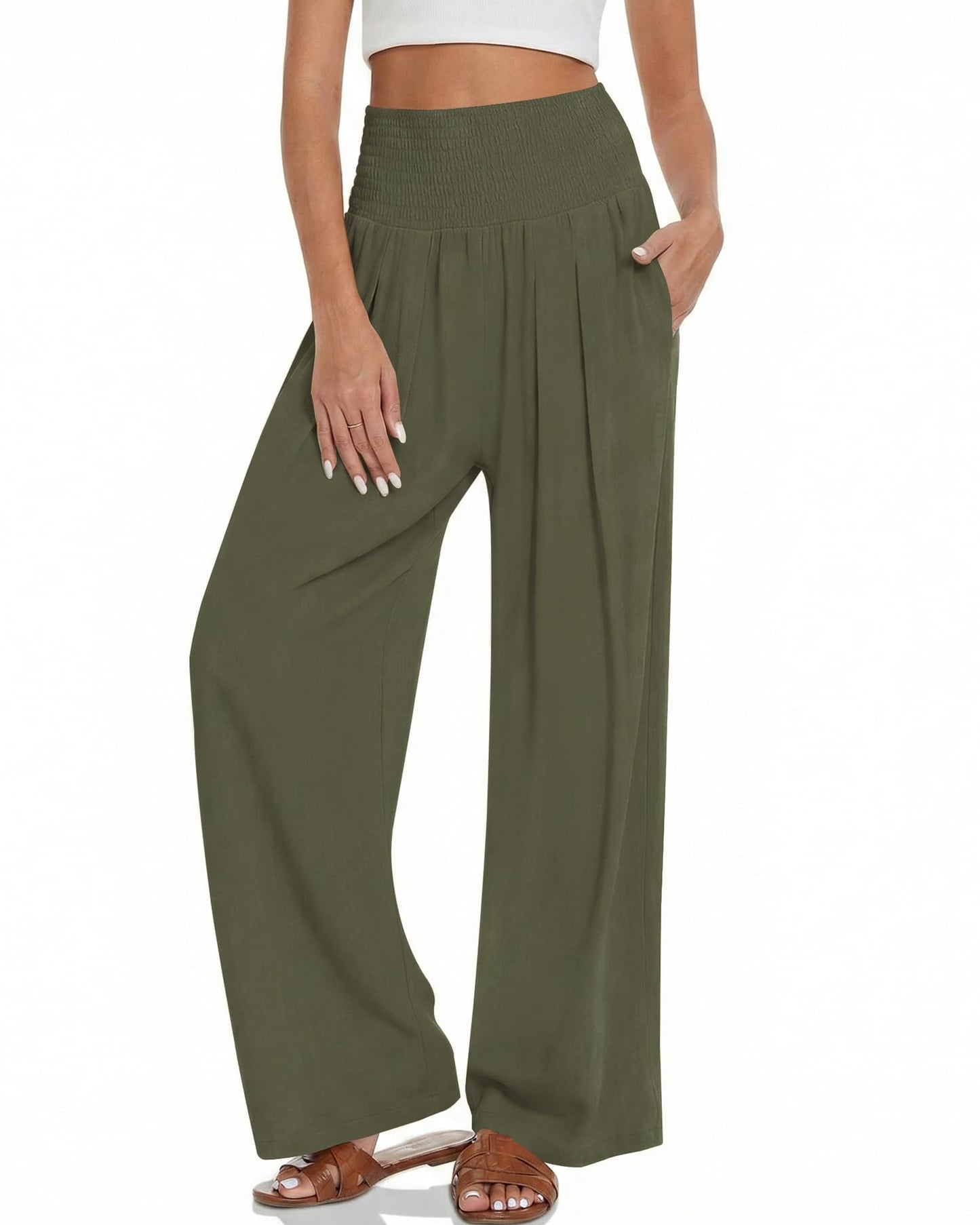 Makepid Pantalones casuales de pierna ancha para mujer, pantalones palazzo de cintura alta, pantalones de verano para estar en casa con bolsillos, color verde militar.