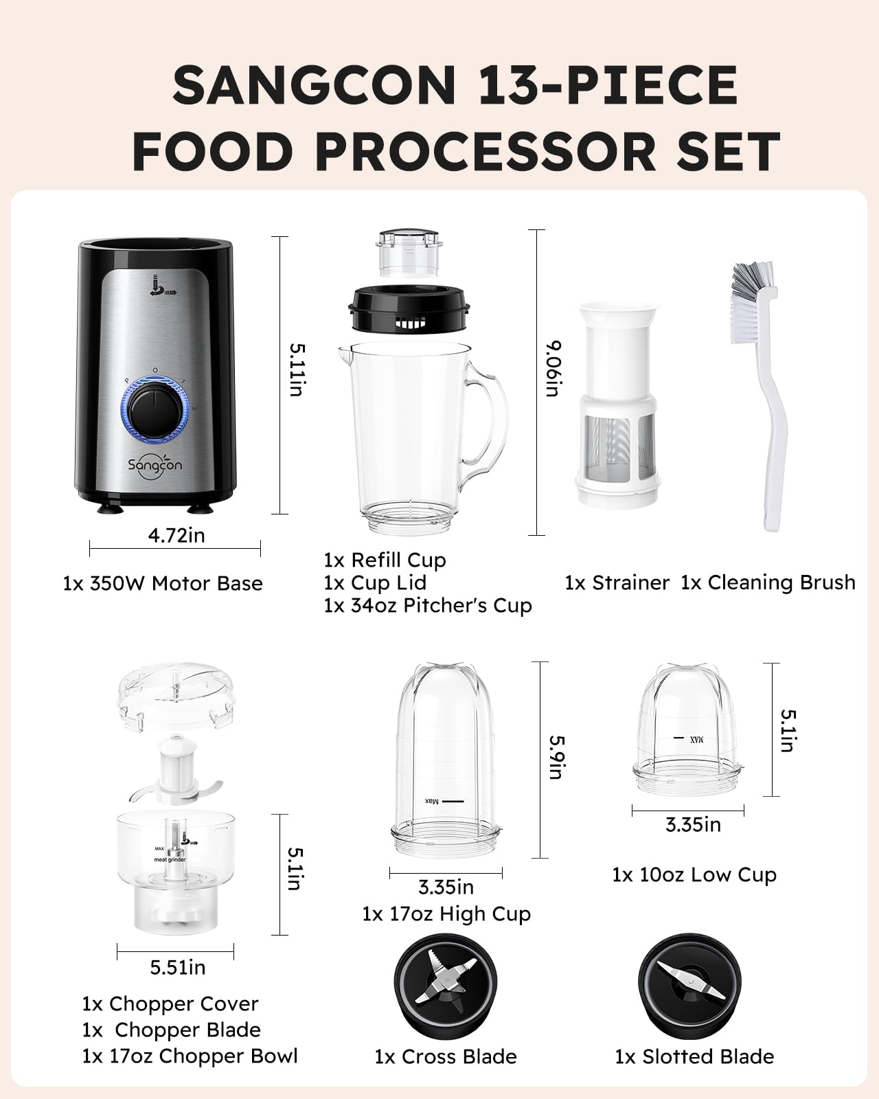 Combo Licuadora y Procesador de Alimentos Sangcon 5 en 1 Eléctrica Alta Velocidad 350 W 2 Velocidades Pulso Blanco para Cocina