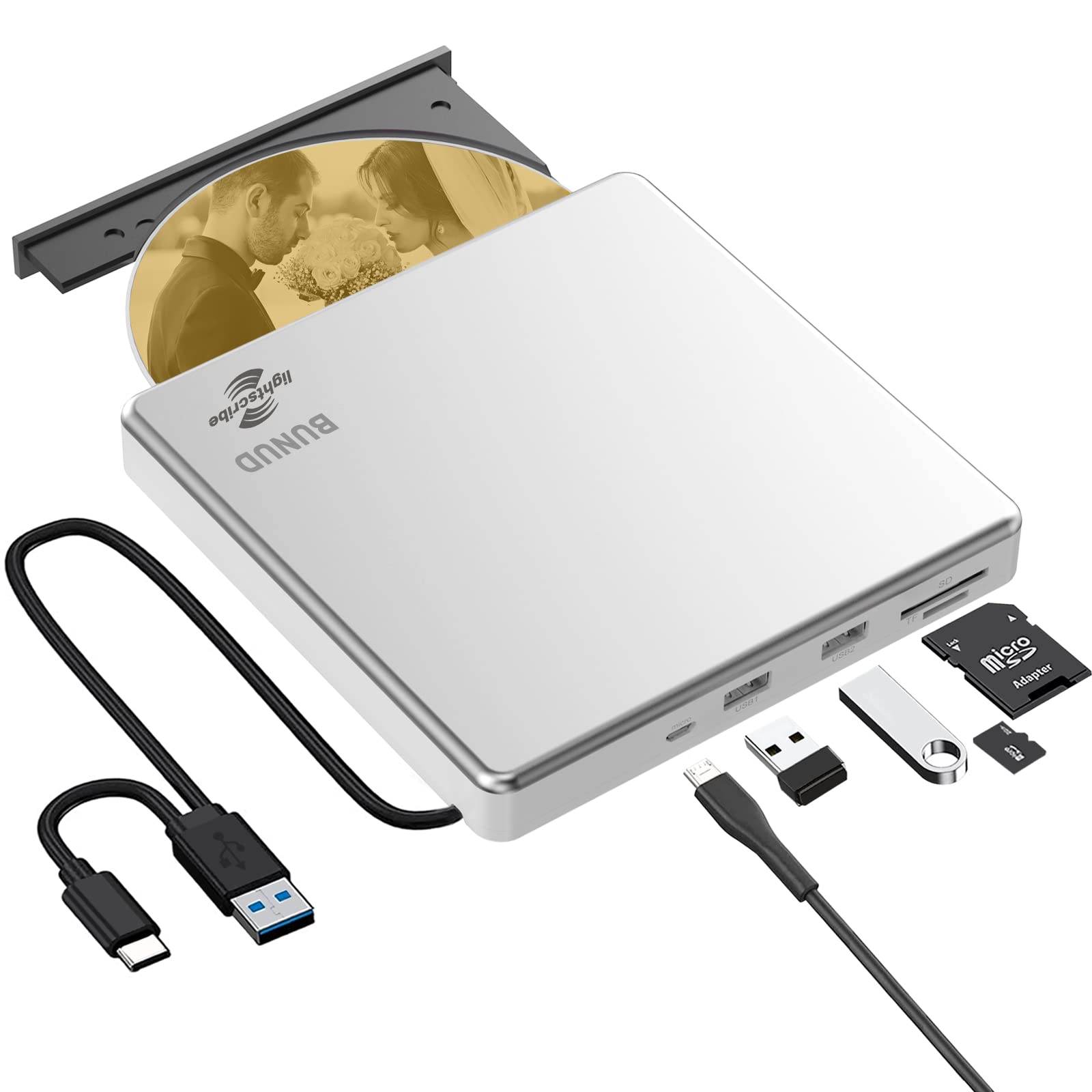 BUNUD LightScribe Unidad Externa de CD y DVD +/-RW, Grabador de CD/DVD +/-RW, Lector de Disco óptico portátil, Unidad de CD y DVD para computadora portátil, MacBook, Windows 11 10 Linux OS