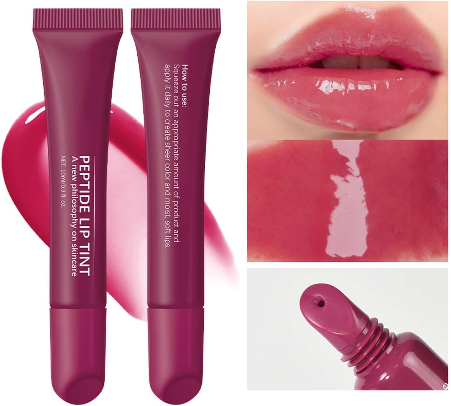 Lip Jam Brillo de Labios Hidratante Labial Voluminizador Bálsamo Labial de Larga Duración Tinte Labial Transparente Hidratante con Péptidos para Mujeres y Niñas, Labios No Pegajosos (4#)