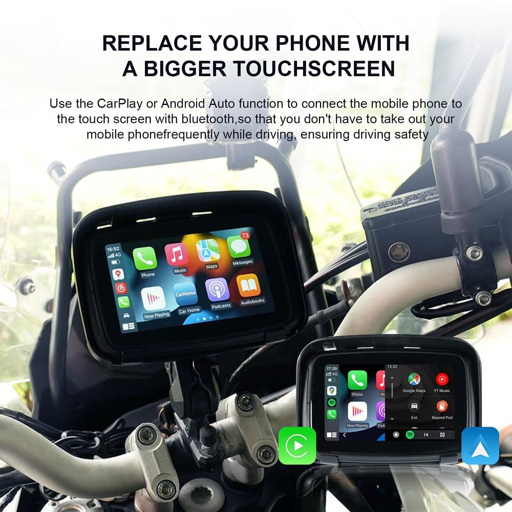 Sunweyer CarPlay portátil inalámbrico Android Auto para motocicleta, pantalla táctil impermeable IPX7 de 12.7 cm (5 pulgadas), navegación GPS automática, Bluetooth dual 5G, compatible con Siri/Google