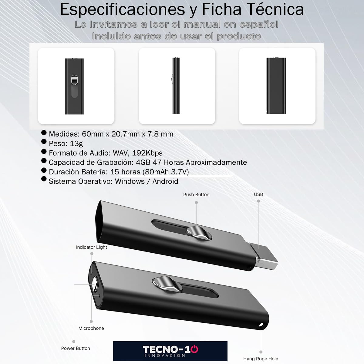 Tecno-10 Mini Grabadora de Voz activada por Sonido, Microfono Flash USB Delgada, 15 Horas de bateria, 94 Horas de Grabacion, 512 Kbps Calidad de Audio (4GB)
