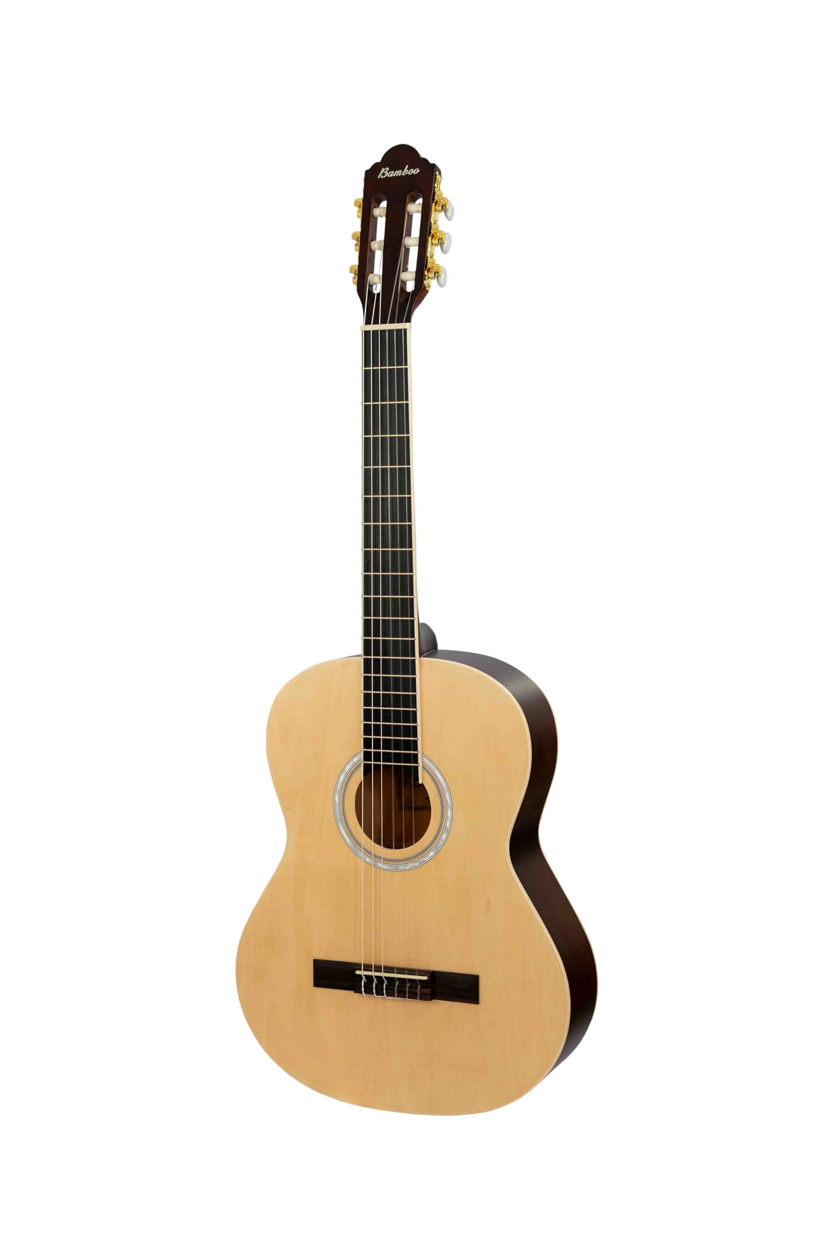 BAMBOO, Guitarra Clasica Acustica Estudio Natural con Funda, 39 pulgadas, madera Linden. Cuerdas de Nylon. Ideal Estudiantes.