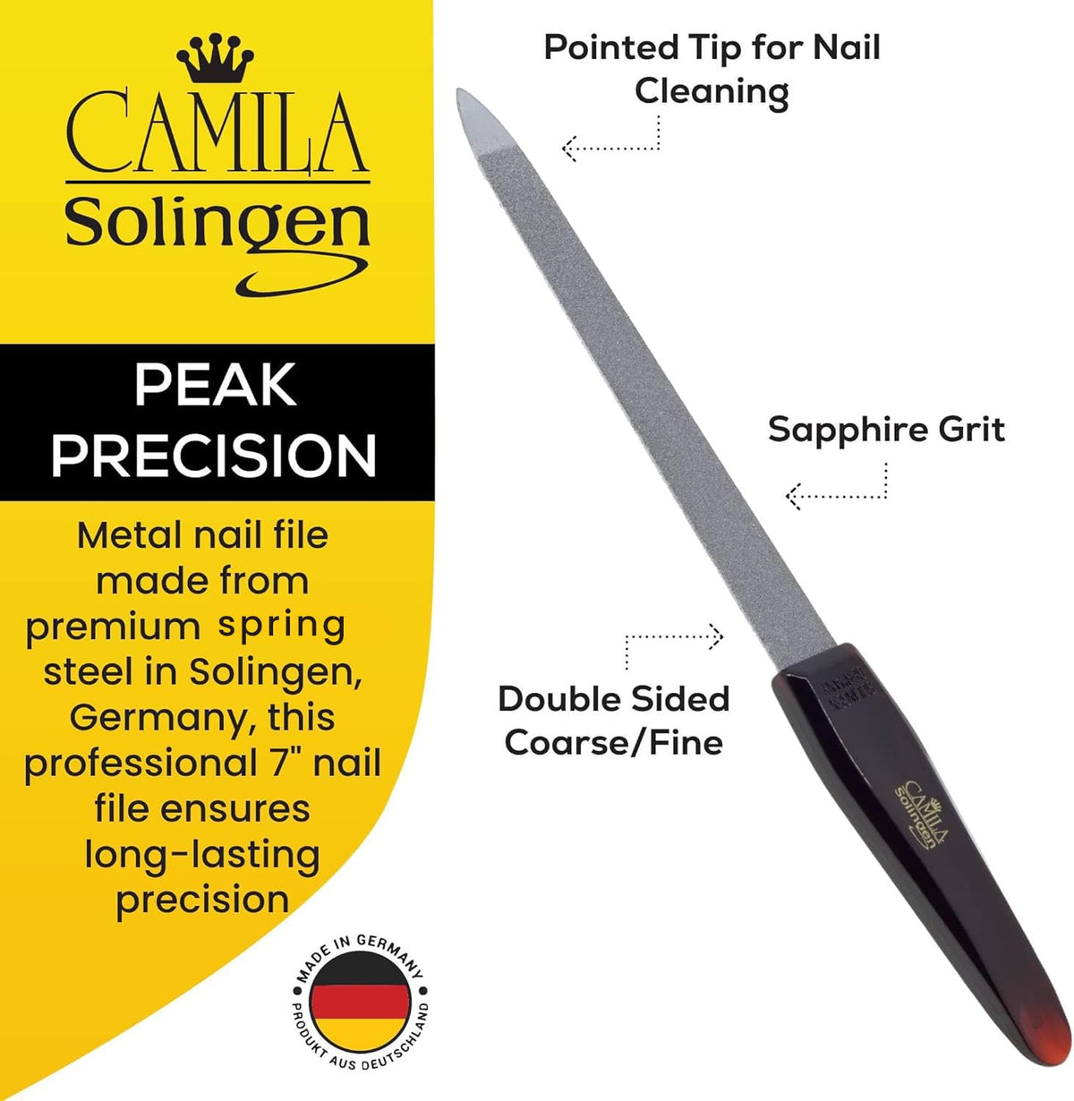Camila Solingen CS18 7" Large Professional Sapphire Metal Nail File Pointed for Fingernail and Toenail Care. Double Sided Coarse Fine for Manicure/Pedicure. Made of Stainless Steel, Solingen Germany