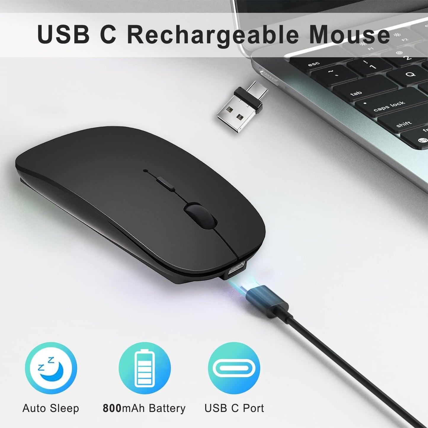 Mouse Inalámbrico Suteke Plata Tipo C Recargable Silencioso Compatible con MacBook Air Pro iPad iMac para Laptop y Surface Pro