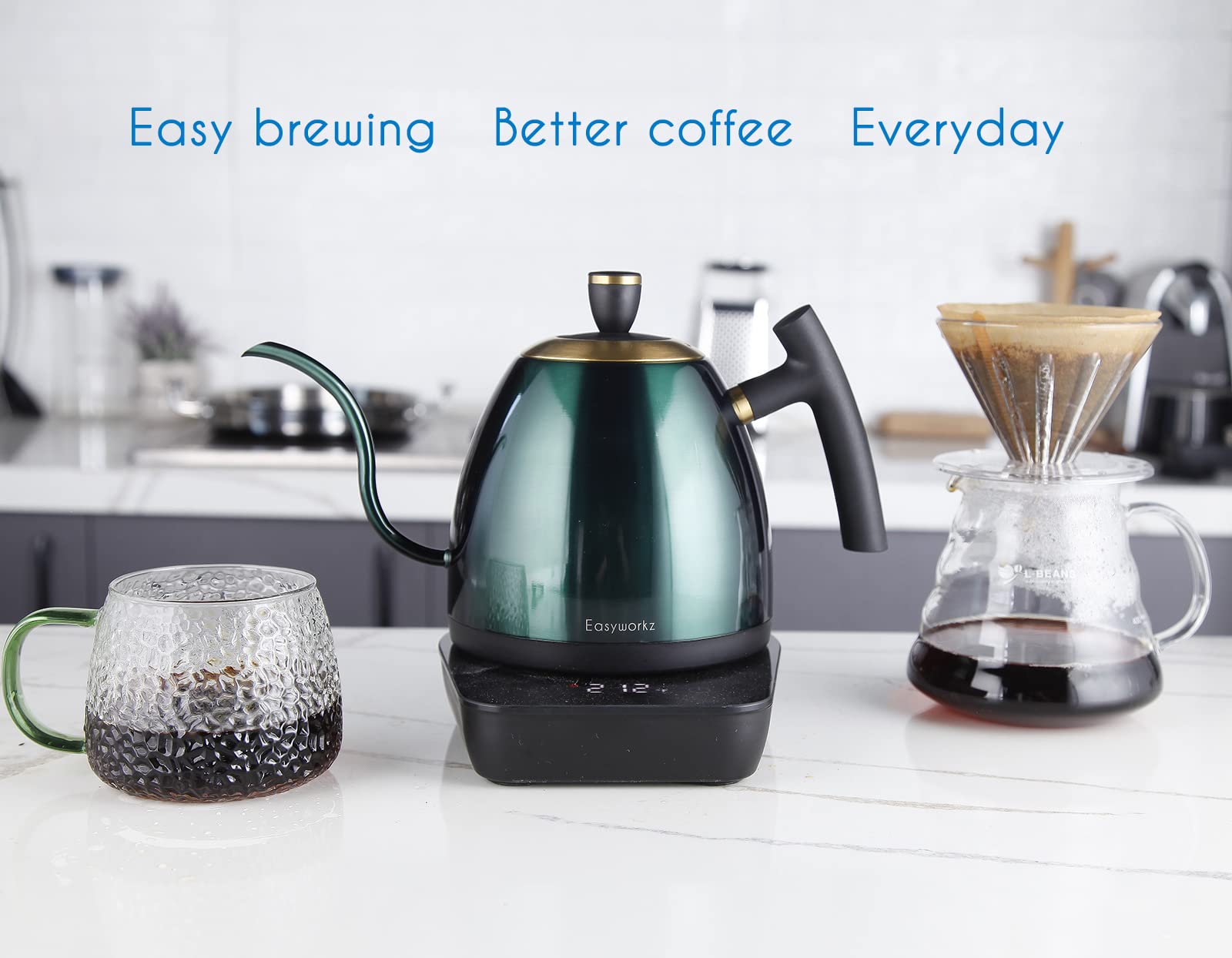 Easyworkz hervidor de café eléctrico de cuello de cisne, tetera de acero inoxidable con goteo manual, control de temperatura de 800 ml, calentamiento rápido de 1200 W