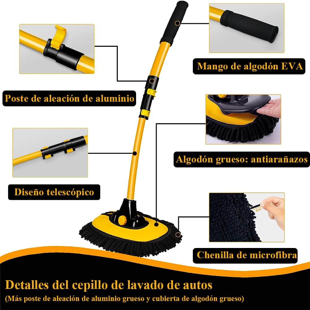 Cepillo para Lavar Carros, Kit de Limpieza para Auto, Kit de Trapeador para Lavado de Autos Con Mango Largo, Barra Telescópica 50-102 cm Con Producto de Limpieza de 3 Etapas (Negro-Amarillo)