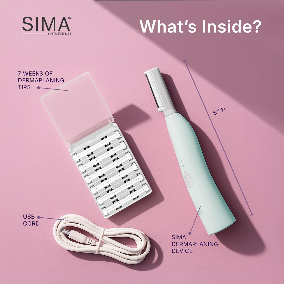 Spa Sciences SIMA Sonic Dermaplaning Tool-Profesional e indoloro 2 en 1 Exfoliación facial y sistema de depilación de melocotón con 7 semanas de tratamiento incluido|Anti-envejecimiento | 3 velocidades|Recargable