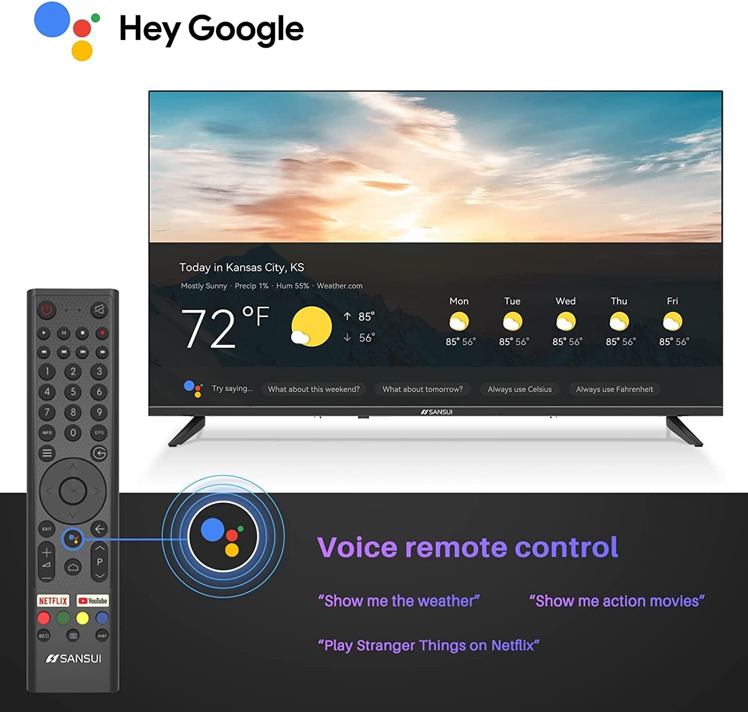 SANSUI Android TV Google Assistant, Control de Voz (40" WiFi HD)