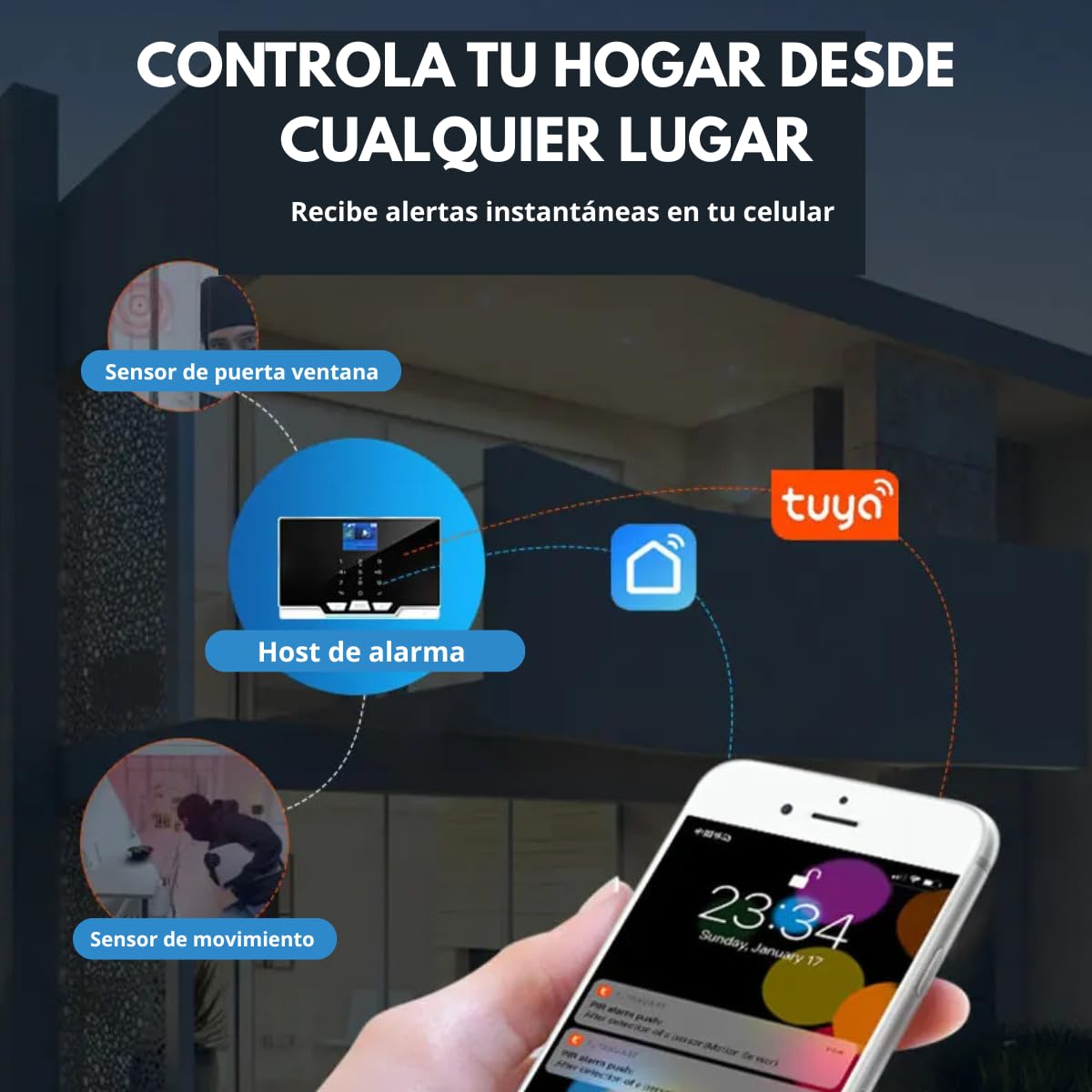 Clicklife Alarma para Casa Inalámbrica gsm y WiFi con 6 Sensores (3 de Movimiento y 3 Magnéticos) y Sirena de Control Remoto, RFID, Notificaciones en Tiempo Real, Compatible con Smartlife y Tuya