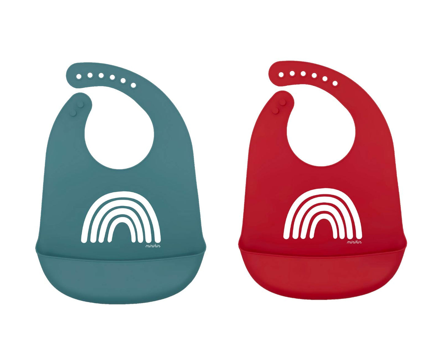 MINIKIN, Set de 2 Baberos Alimenticios de Silicón para Bebé, Suaves, Resistentes, Ajustables e Impermeables, Con Bolsillo para Migajas, Fáciles de Llimpiar, Diseño Hope Color Azul/Rojo