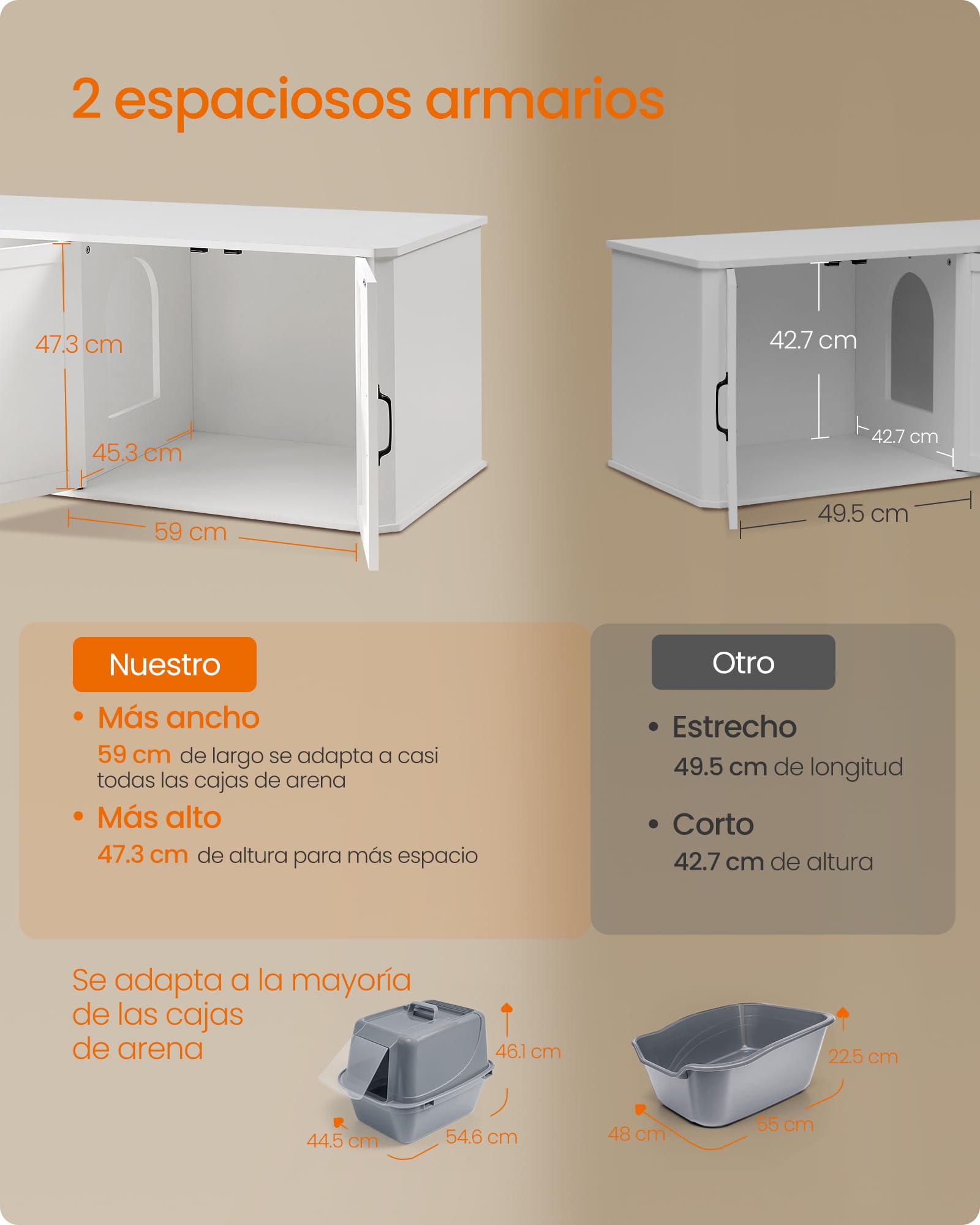 Feandrea Mueble Arenero para Gatos, Caja de Arena para 2 Gatos, Mesa Auxiliar, 145.6 x 48.5 x 50 cm, Blanco Nube MPCL010W01