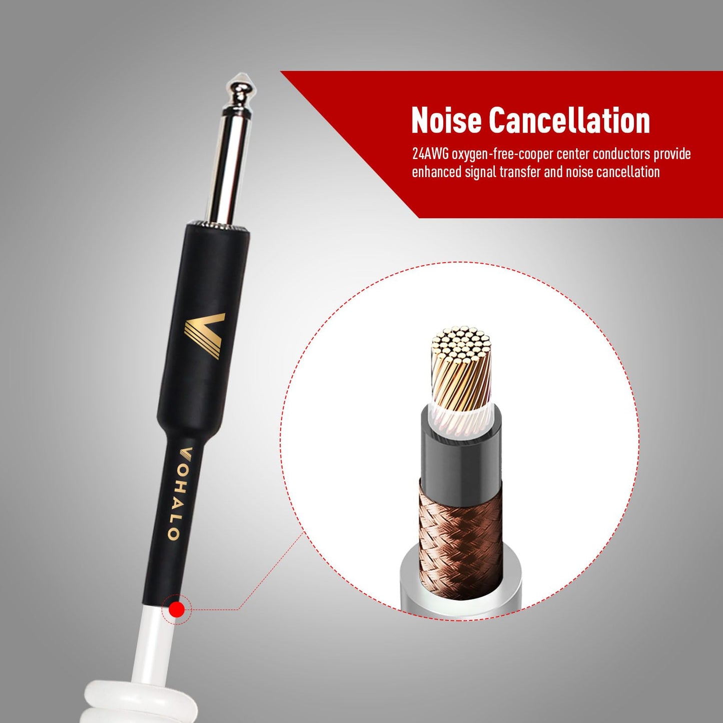 Cable de Guitarra VOHALO Blanco Rizado 10M 1/4 Pulgada Ángulo Recto a Recto
