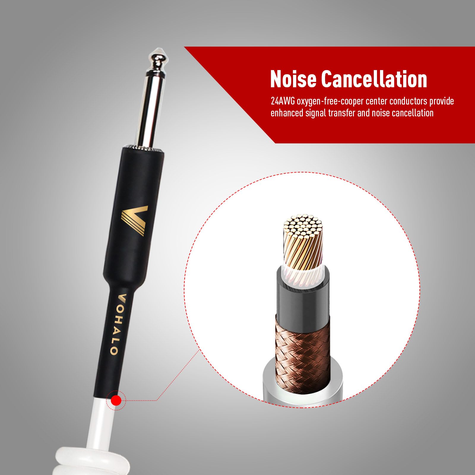 Cable de Guitarra VOHALO Blanco Rizado 10M 1/4 Pulgada Ángulo Recto a Recto