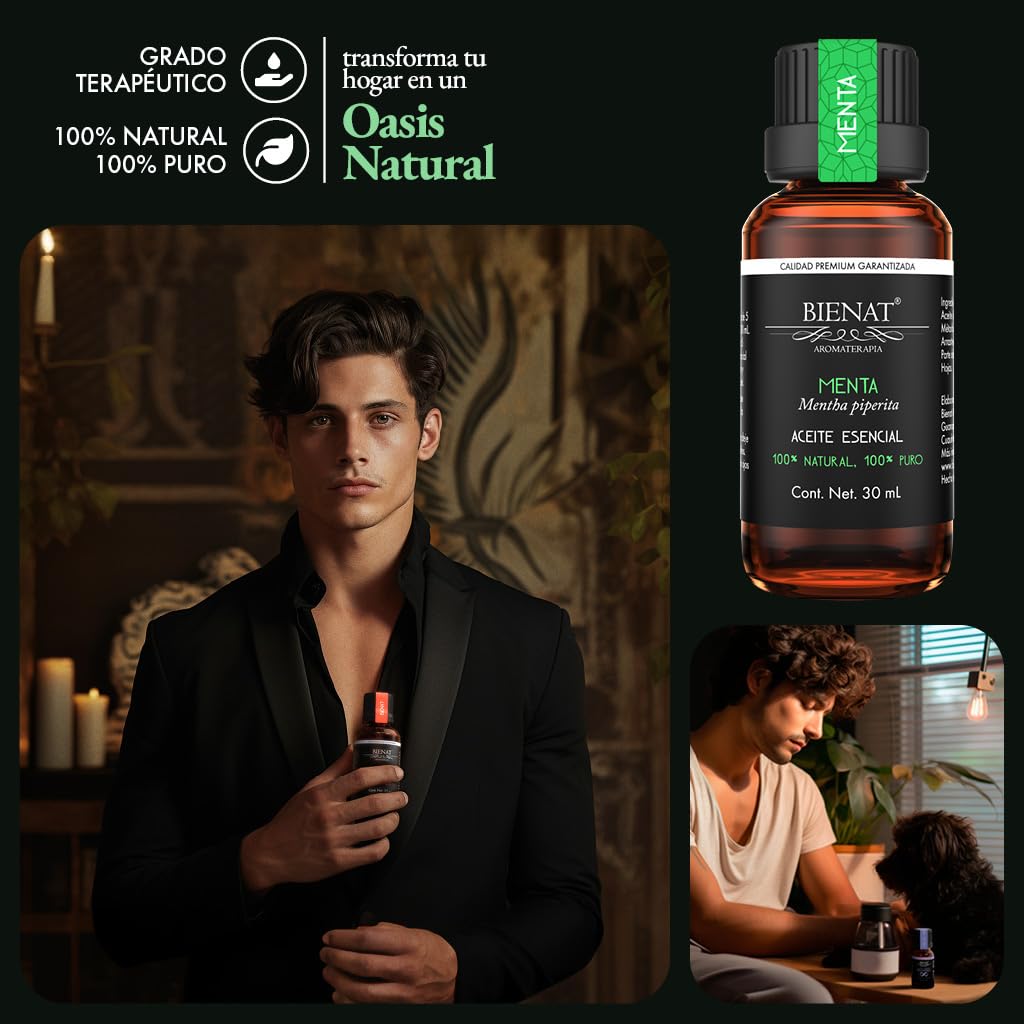 BIENAT AROMATERAPIA Aceite Esencial de Menta 30mL | 100% Puro y Concentrado | Ideal para Difusor de Aromas, Humidificador, Aromaterapia, Masajes, Meditación, Jabones y Velas | Esencia Natural en Gotas