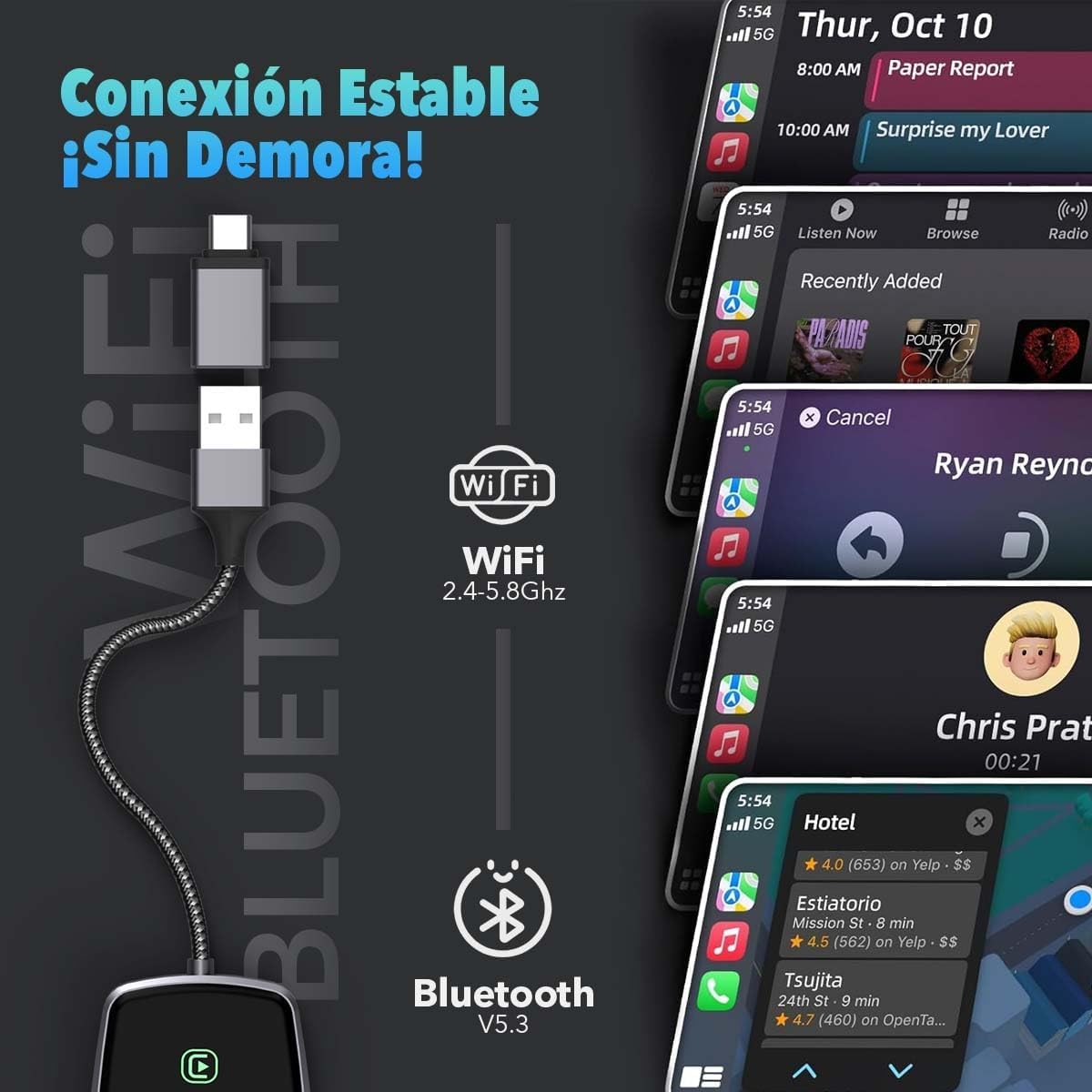 Fitpolo Carplay Inalambrico para Auto, Carplay Inalambrico Adaptador para iPhone, Actualización de por Cable a Inalámbrico, 5GHz WiFi, Conexión Automática Rápida, Soporta iOS 10+(Round)