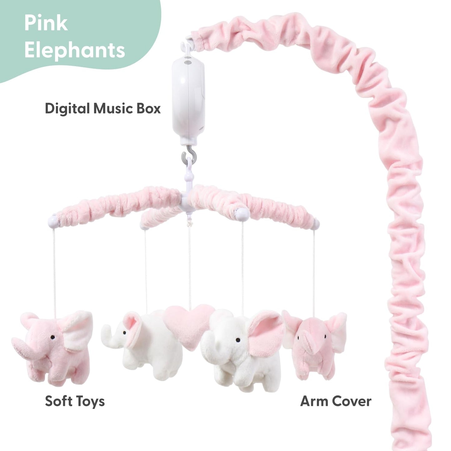 The Peanutshell Móvil de Cuna para Niñas - Móvil Musical Rosa Suave para Cuna de Bebé con 12 Canciones de Cuna, Lindo Elefante Decoración de Guardería Elefante Rosa para Bebé