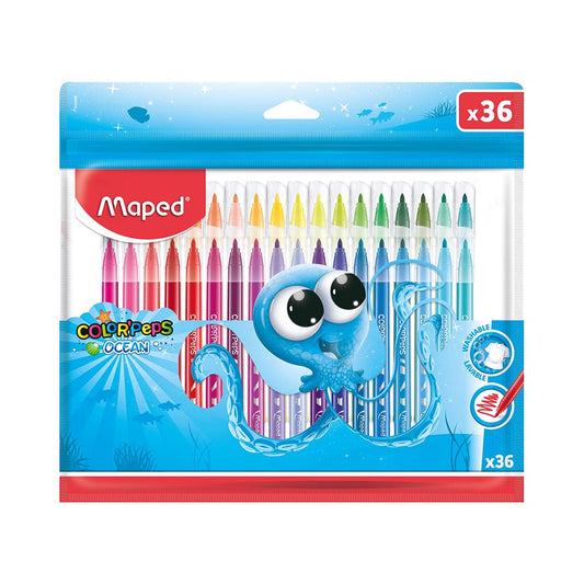 Maped - Plumones Ocean Color Peps - 36 rotuladores de tinta lavable para colorear - Punta mediana bloqueada suave - Bolsa de plástico de 36 colores