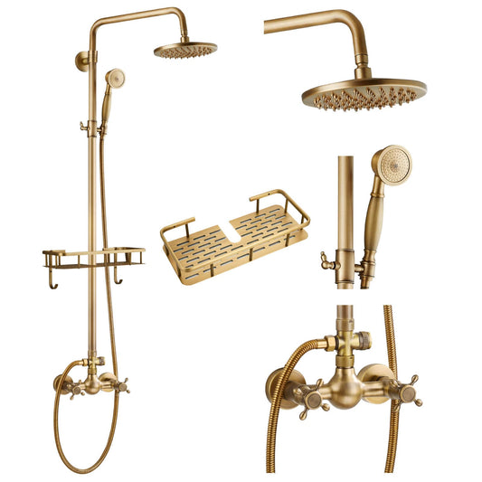 gotonovo Grifo de ducha de latón antiguo expuesto de 8 pulgadas, cabezal de ducha de lluvia montado en la pared con estante de ducha, asas dobles cruzadas, sistema de ducha de mano ajustable, doble función