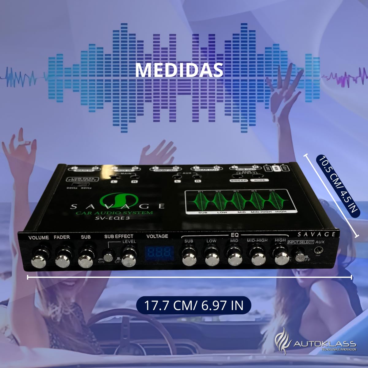 AUTOKLASS-Ecualizador 5 Bandas Efecto Epicentro 9 Volts. Entrada vía RCAs, Auxiliar. Salidas RCAs