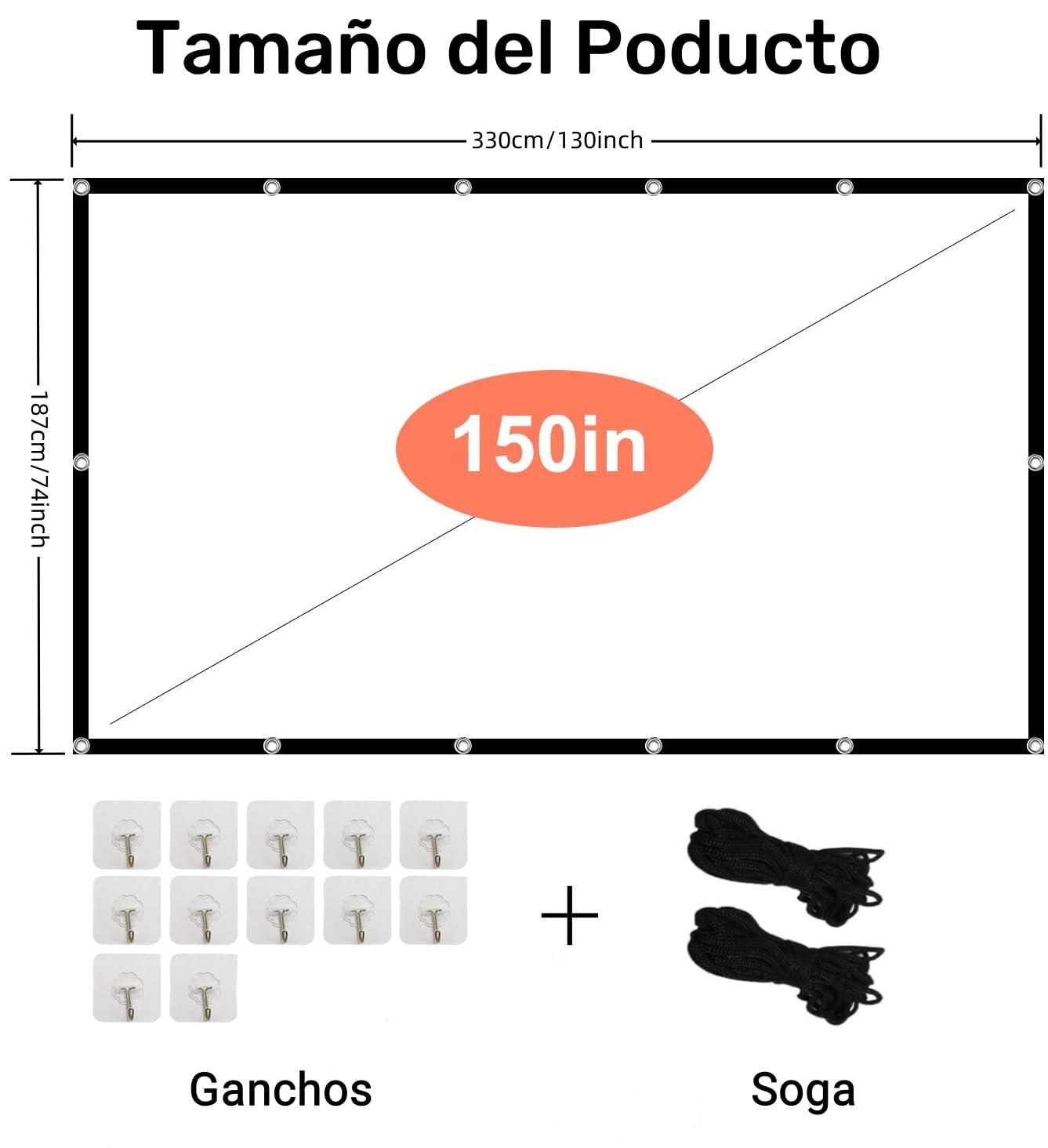 CHUCI-visualización de proyector de 150 Pulgadas, 16:9 HD Pantalla de Proyector Portátil,Plegable portátil, para Exteriores, Interior y Cine en casa(Gancho y Cuerda incluidos)
