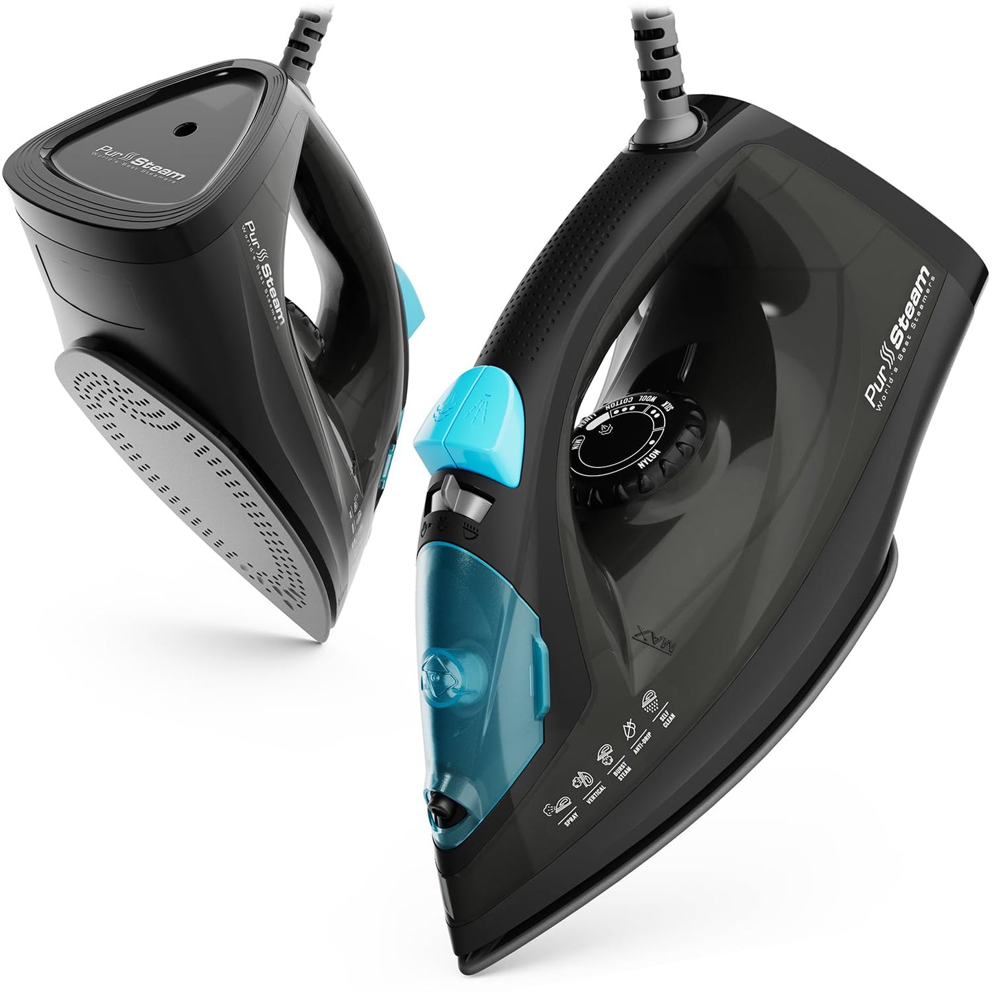 PurSteam Professional - Plancha de vapor de 1250 W, potente vaporizador con ráfaga de vapor y pulverización, suela antiadherente, fácil control de temperatura y apagado automático