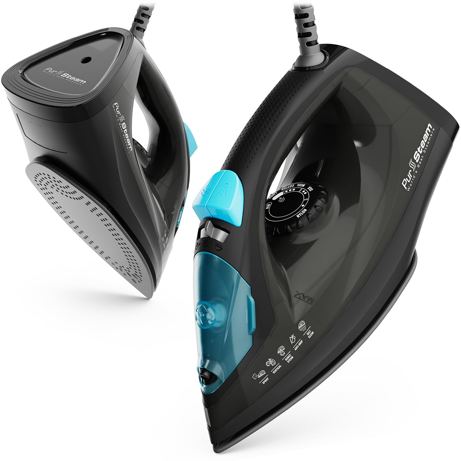 PurSteam Professional - Plancha de vapor de 1250 W, potente vaporizador con ráfaga de vapor y pulverización, suela antiadherente, fácil control de temperatura y apagado automático
